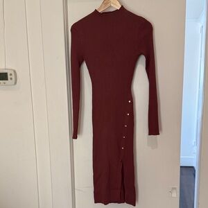 Elegant Rust Knit Dress with Gold Button Accents